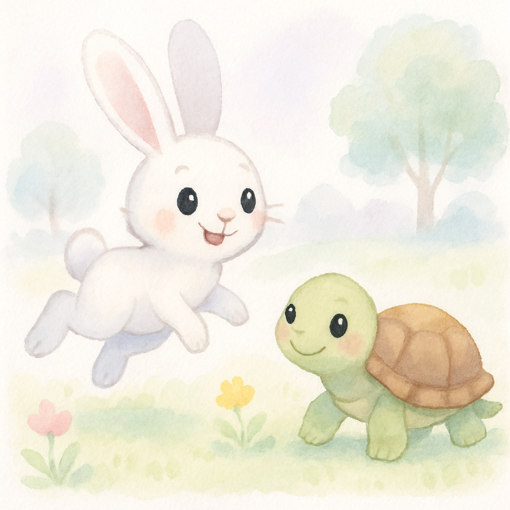 육지에서 거북이와 토끼가 처음 만나는 장면