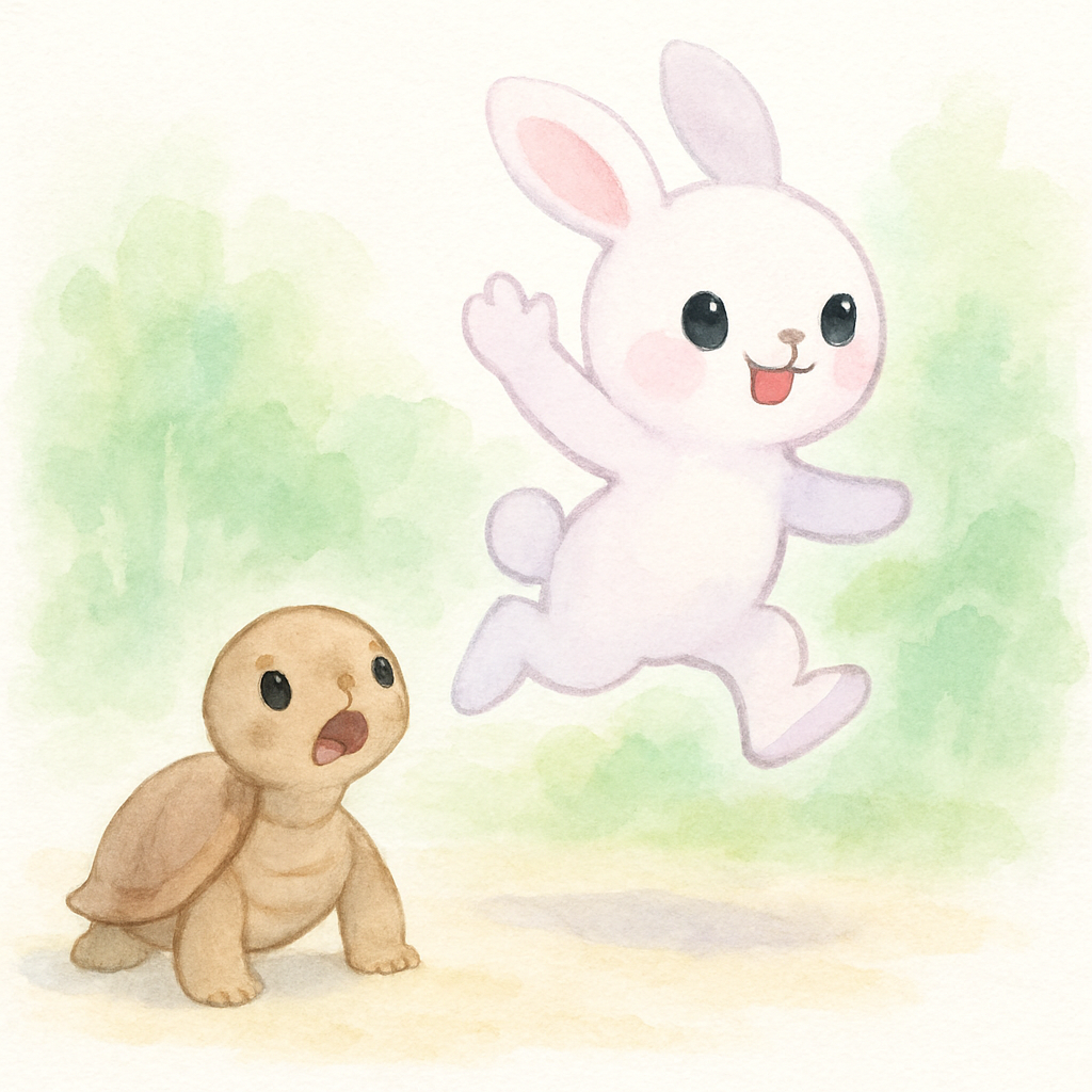 육지에 도착하자마자 토끼가 숲속으로 도망가고 거북이가 멍하니 바라보는 장면