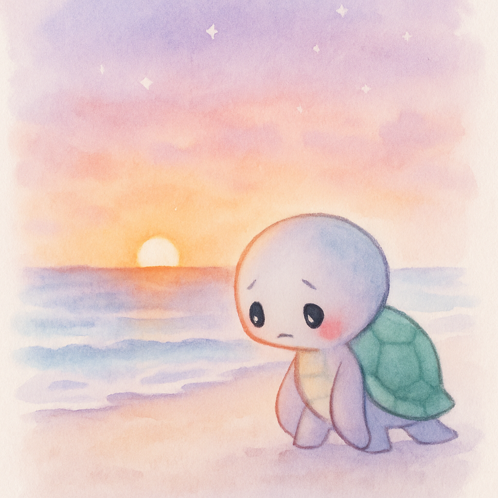 해질녘 바닷가에서 거북이가 쓸쓸히 바다로 돌아가는 장면