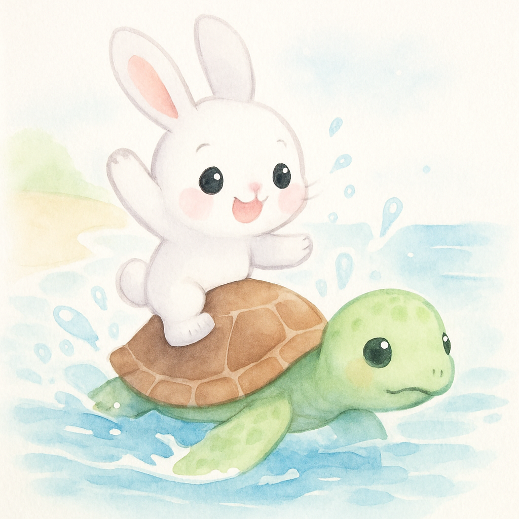 토끼가 거북이 등에 올라타고 바다로 들어가는 장면
