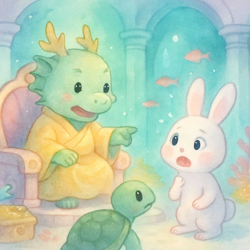 용궁에 도착한 토끼 앞에서 용왕이 간을 요구하는 장면