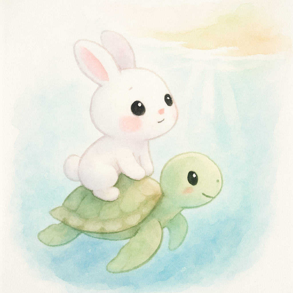 거북이 등에 탄 토끼가 다시 육지로 올라오는 장면