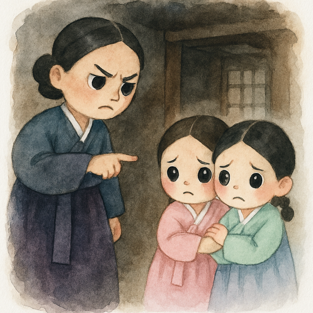 새 엄마가 차갑게 두 자매를 대하며 방에만 있으라고 명령하는 장면