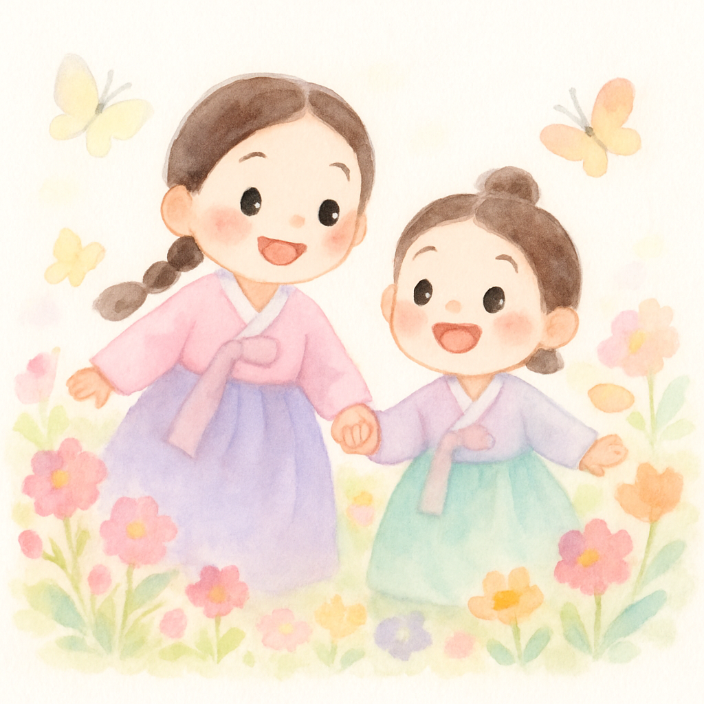 장화와 홍련이 손을 잡고 꽃밭에서 나비를 쫓으며 노는 행복한 모습