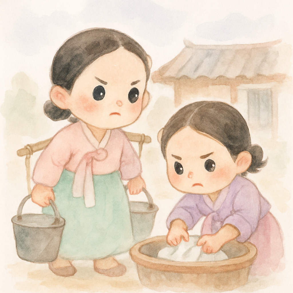 장화와 홍련이 함께 힘든 집안일을 하는 모습
