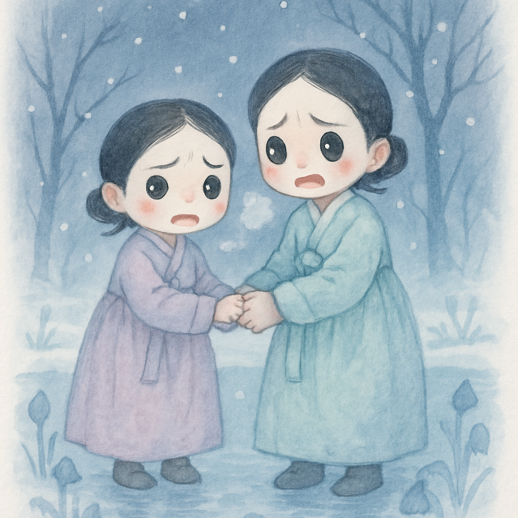 추운 겨울날 꽁꽁 언 연못가에서 손을 꼭 잡은 채 떨고 있는 두 자매