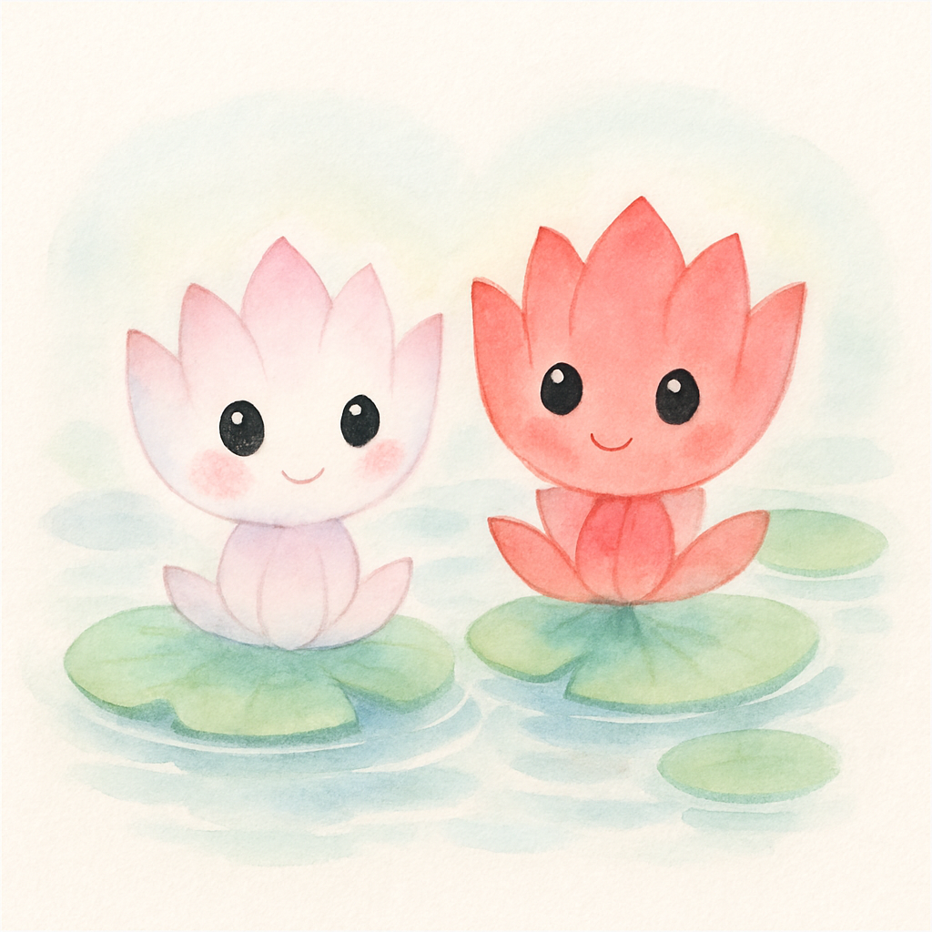 연못에 피어난 아름다운 분홍색과 빨간색 연꽃 두 송이