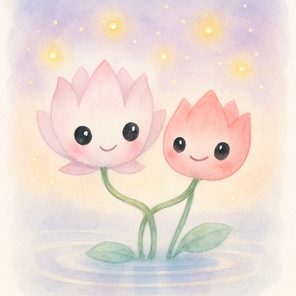 따뜻한 바람에 나란히 흔들리는 두 연꽃과 반짝이는 반딧불이들