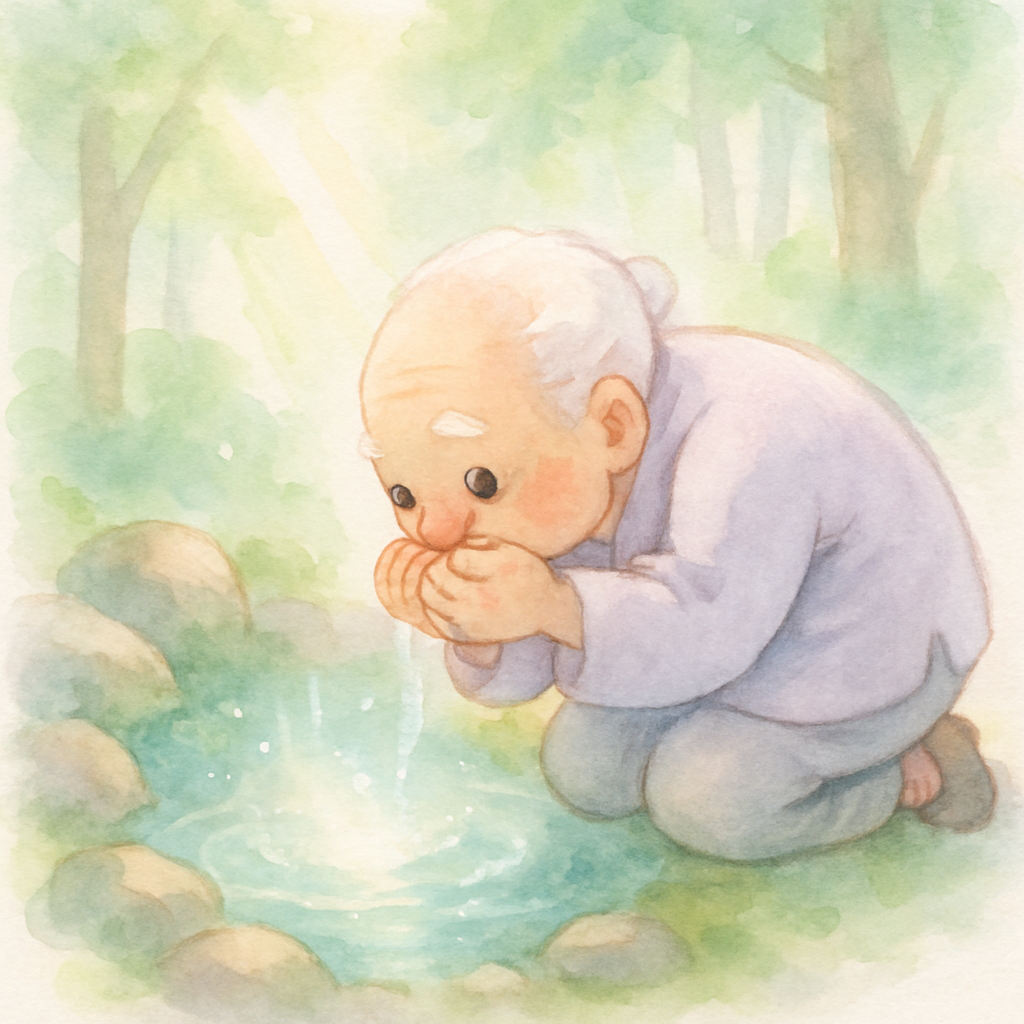 할아버지가 반짝반짝 빛나는 샘물을 발견하고 무릎을 꿇고 물을 마시는 장면