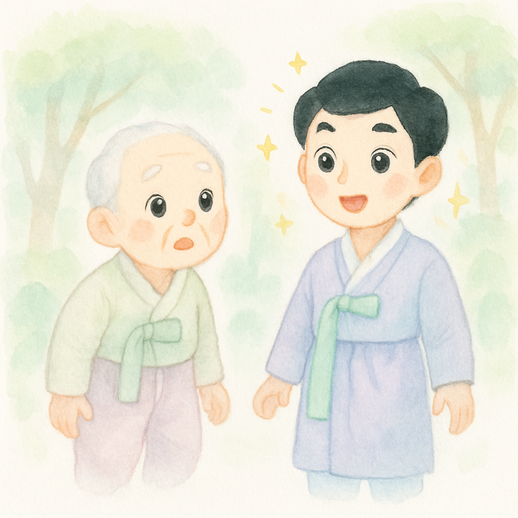 할아버지가 젊어져서 허리가 쭉 펴지고 머리카락이 까맣게 변한 모습