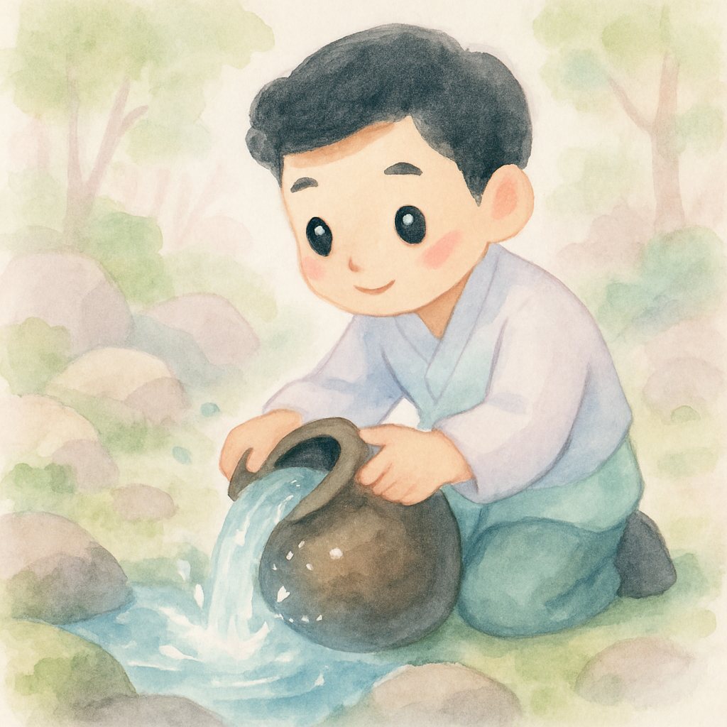 할아버지가 샘물을 항아리에 담는 장면