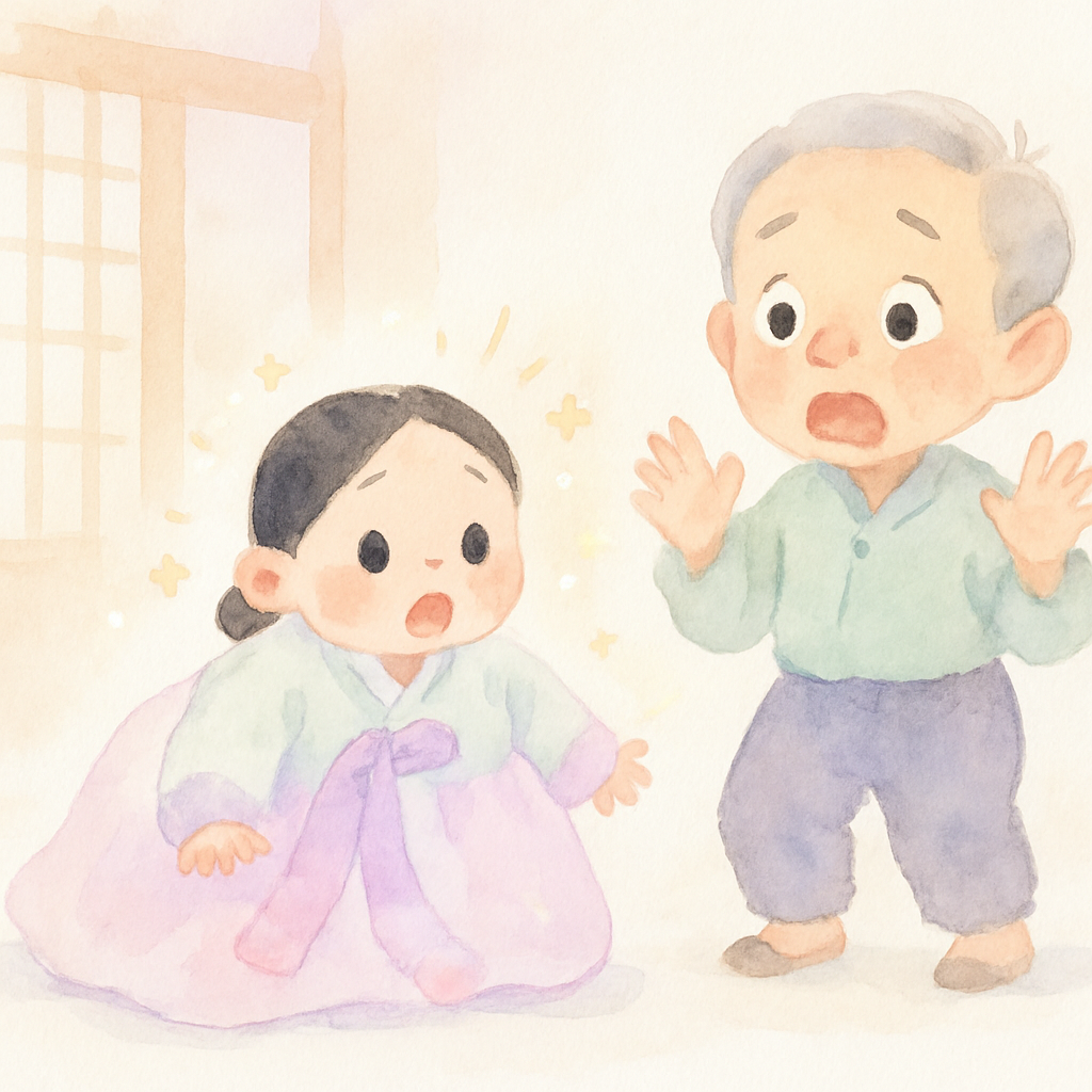 할머니가 계속 물을 마시며 점점 작아져서 아기가 되어가는 장면