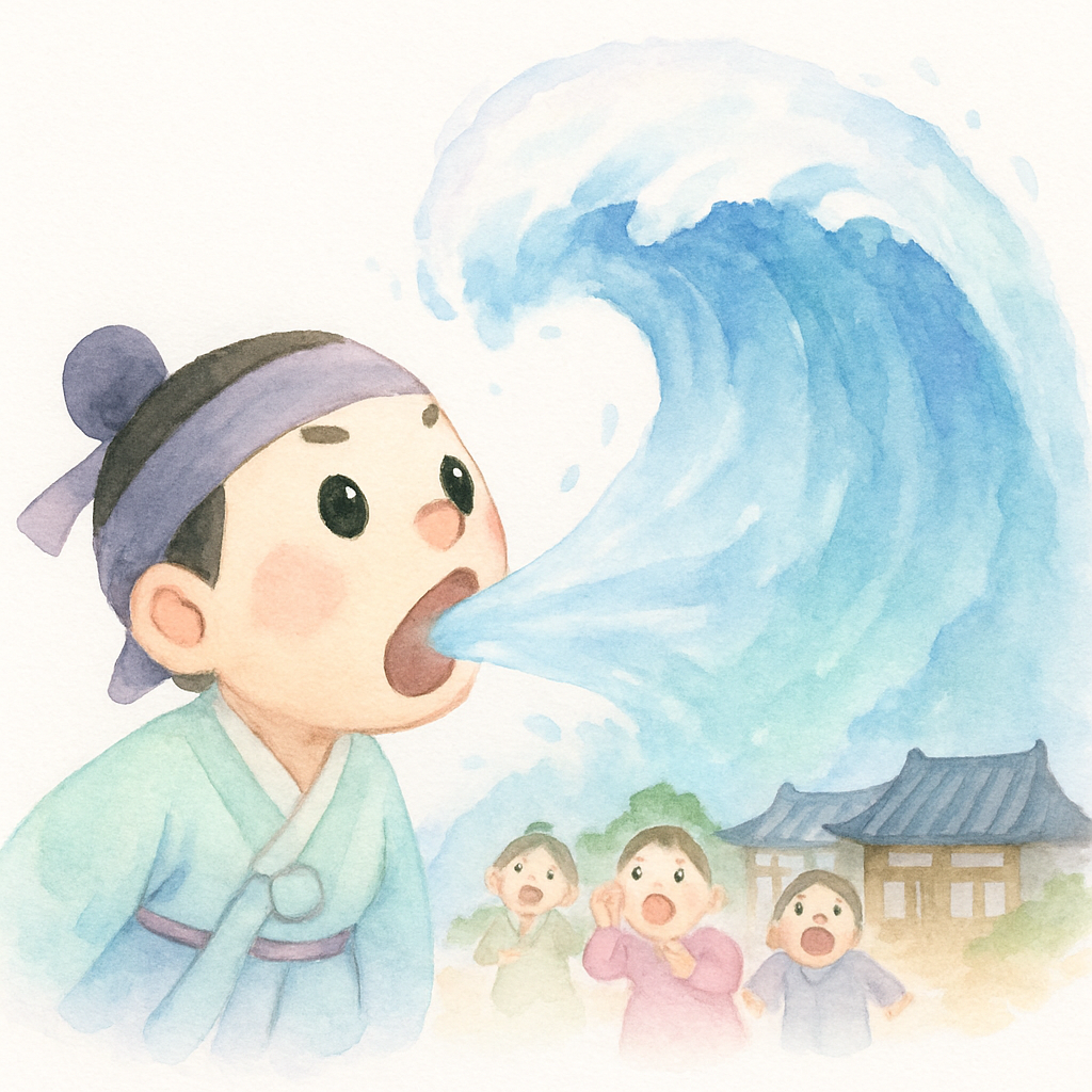 큰형이 바닷물을 마시고 다시 뱉어 큰 파도가 밀려오는 장면