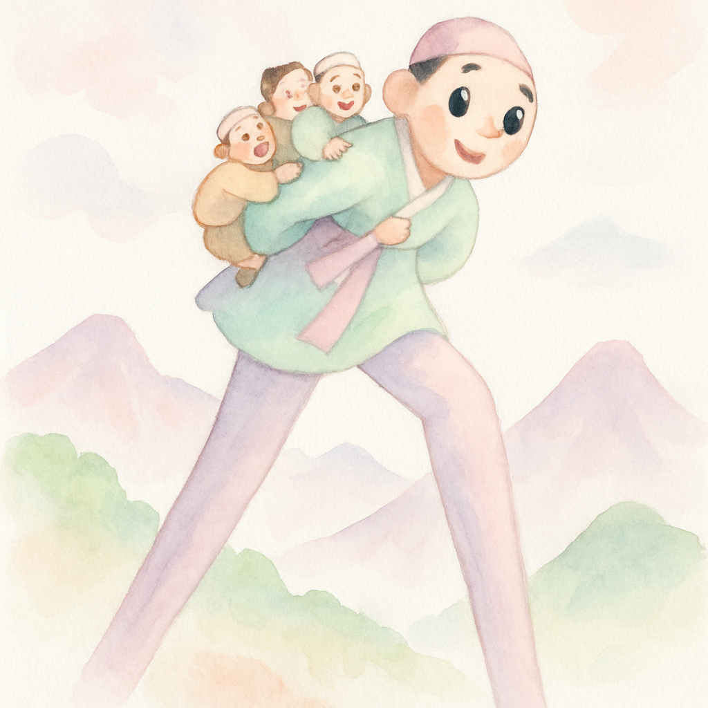 셋째 형이 긴 다리로 사람들을 높은 곳으로 옮겨주는 장면