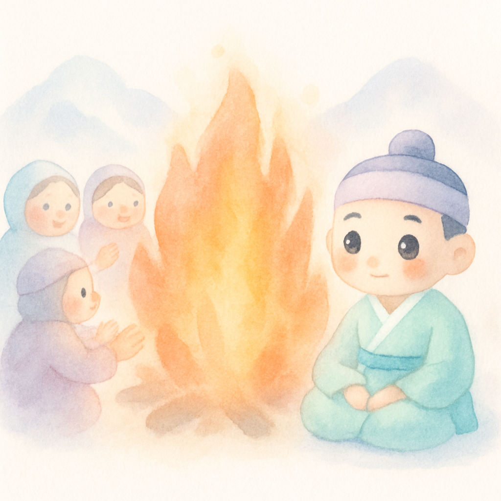 넷째 형이 큰 불 옆에서 사람들을 따뜻하게 해주는 장면