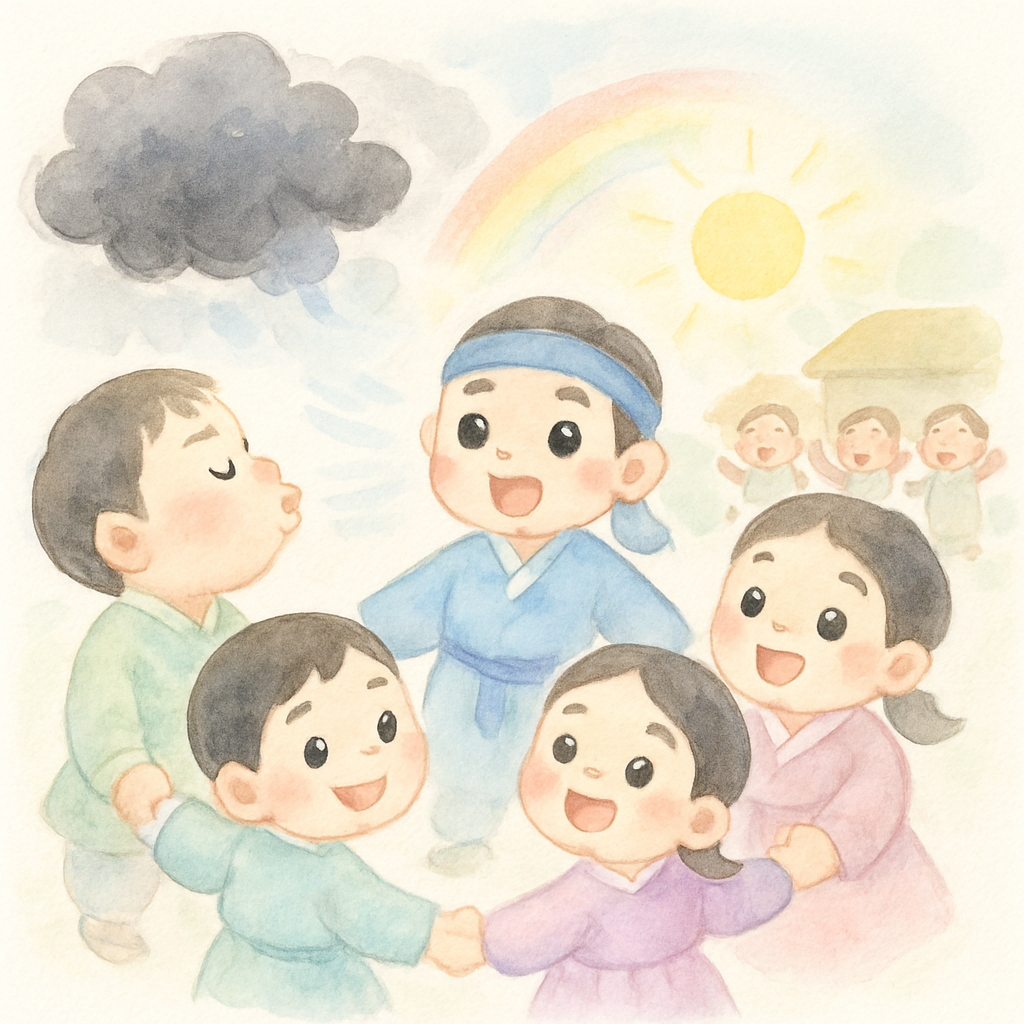 막내가 강한 입김으로 비구름을 날려보내고 다섯 형제가 함께 손을 잡고 있는 해피엔딩 장면