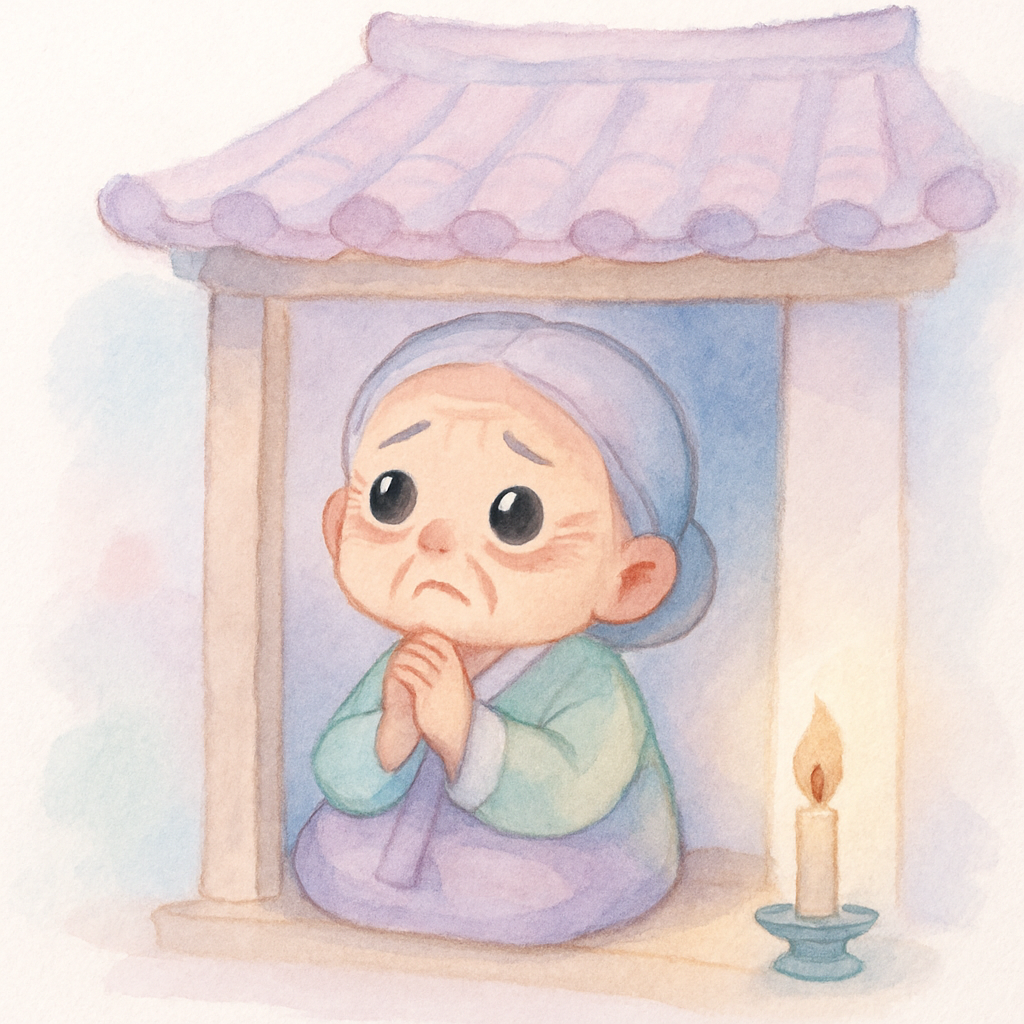 외로운 할머니가 아기를 간절히 바라며 기도하는 장면