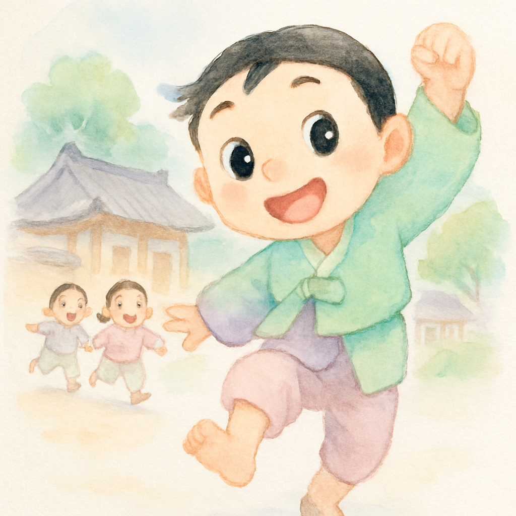 반쪽이가 씩씩하게 자라 뛰어노는 모습과 놀란 아이들이 도망가는 장면