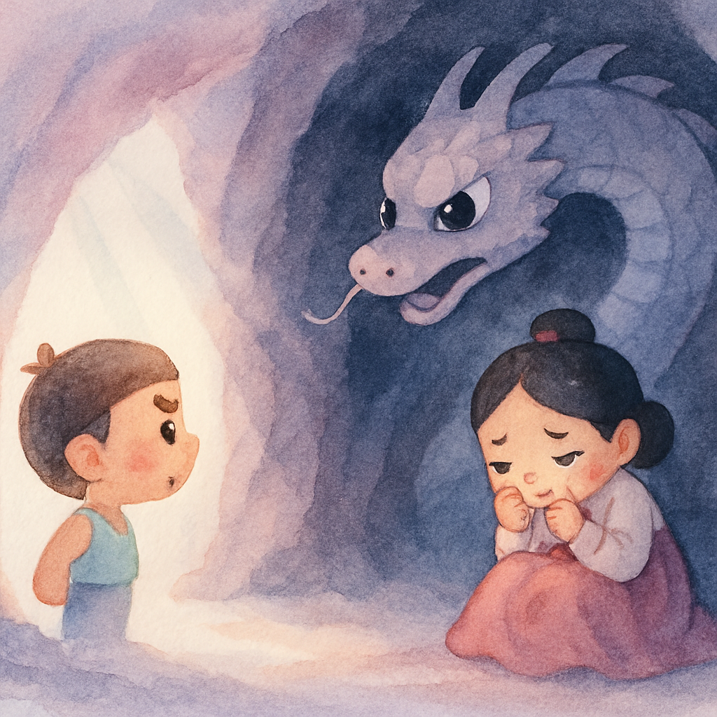 반쪽이가 어두운 동굴에서 무서운 이무기를 발견하고 울고 있는 공주를 보는 장면