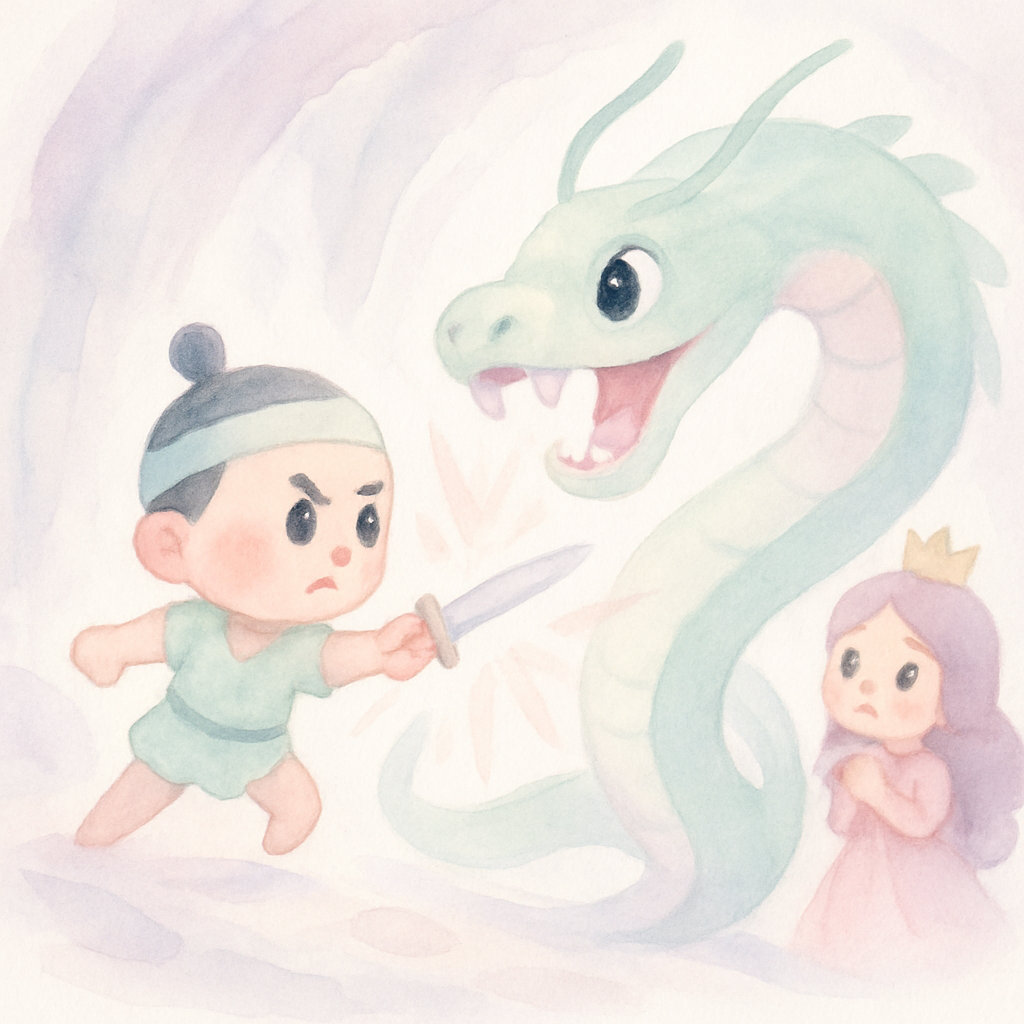 반쪽이가 이무기와 용감하게 싸우는 장면