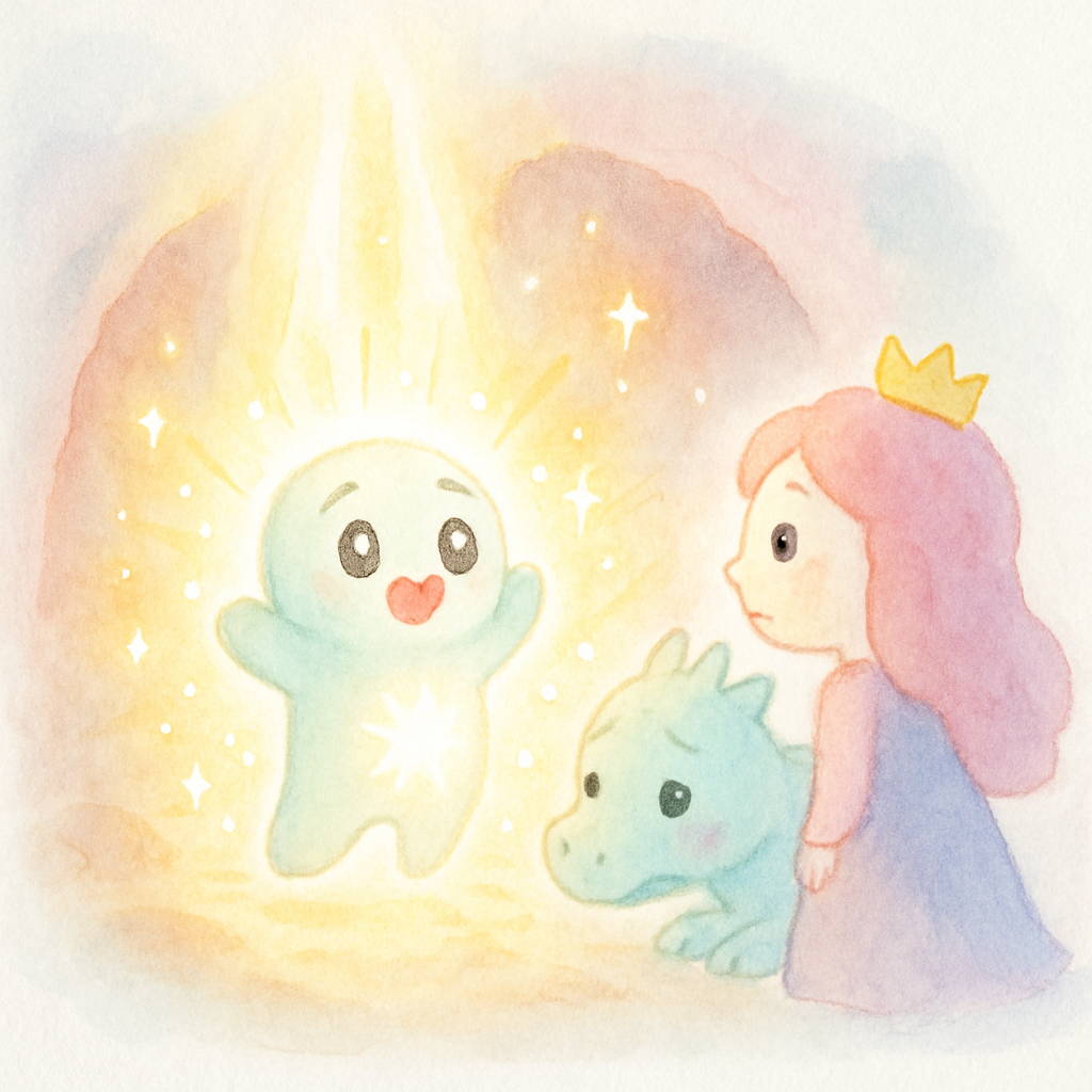 하늘에서 빛이 내려와 반쪽이의 몸이 완전해지는 마법 같은 장면