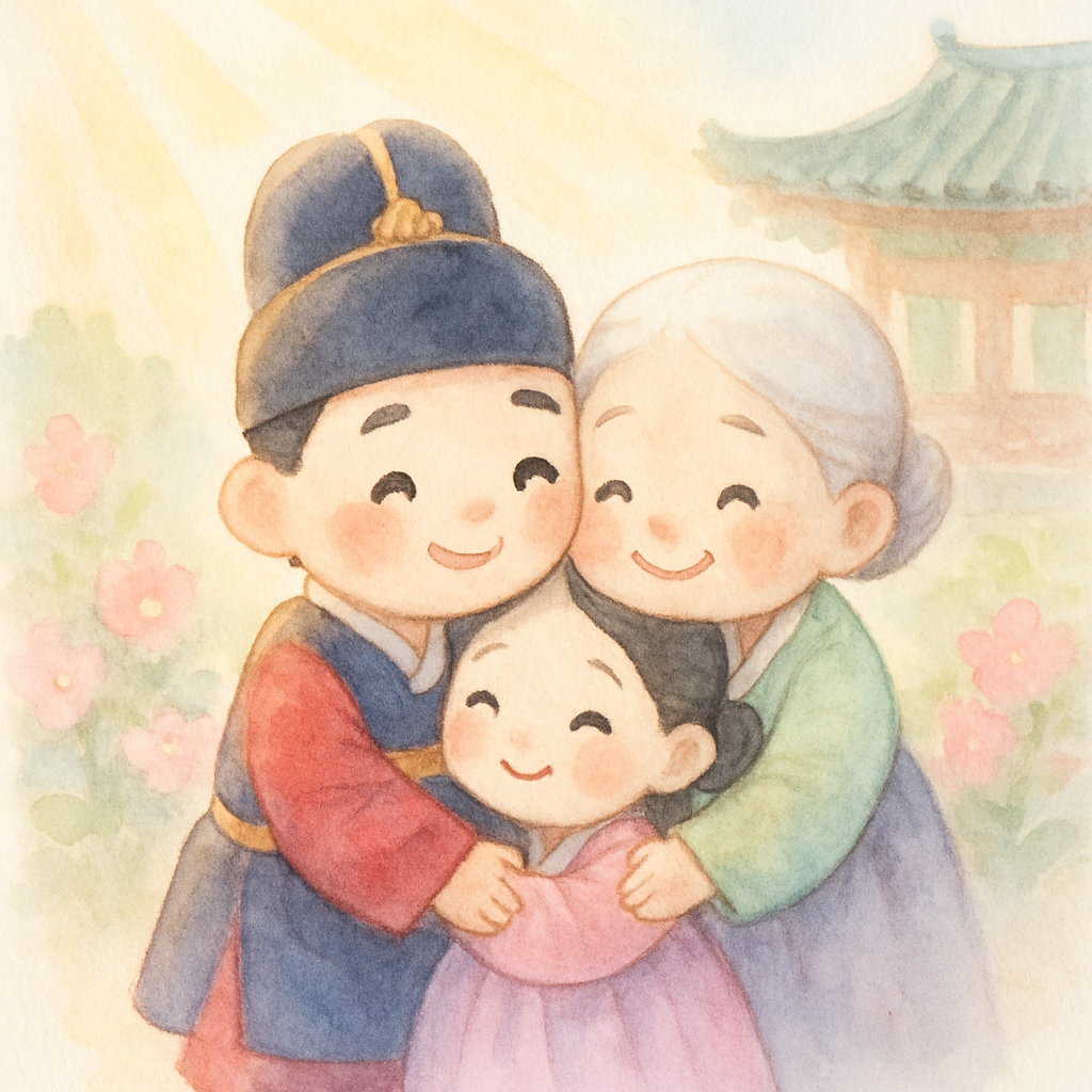 반쪽이, 공주, 할머니가 궁전에서 행복하게 함께 있는 결말 장면