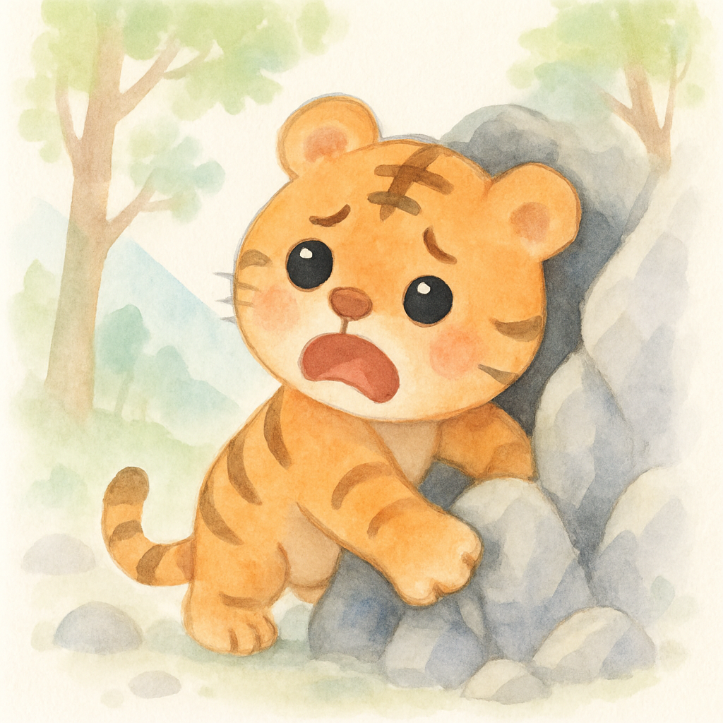 호랑이가 바위 틈에 발이 끼어 꼼짝 못하고 있는 장면