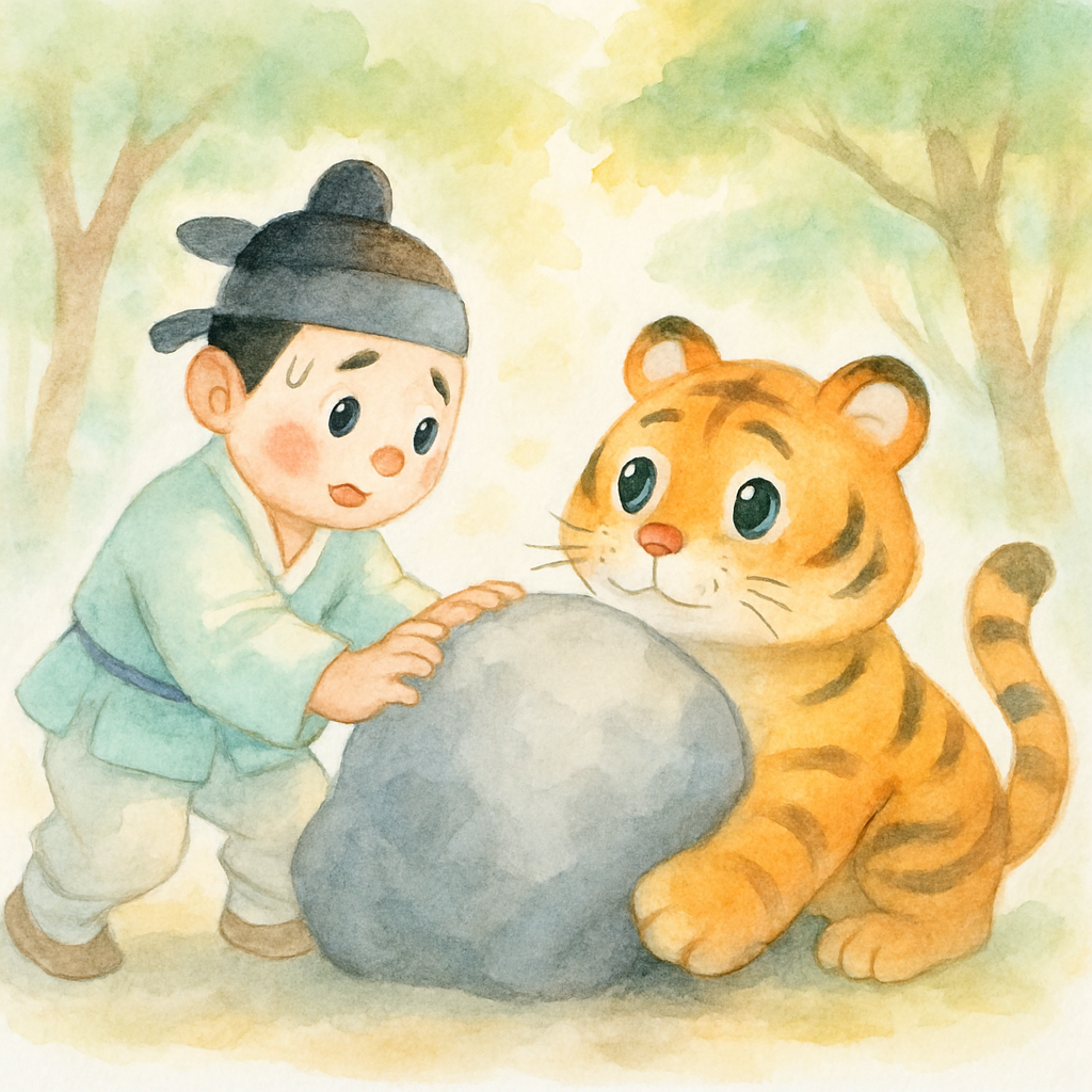 나무꾼이 용기를 내어 바위를 밀어 호랑이를 구해주는 장면