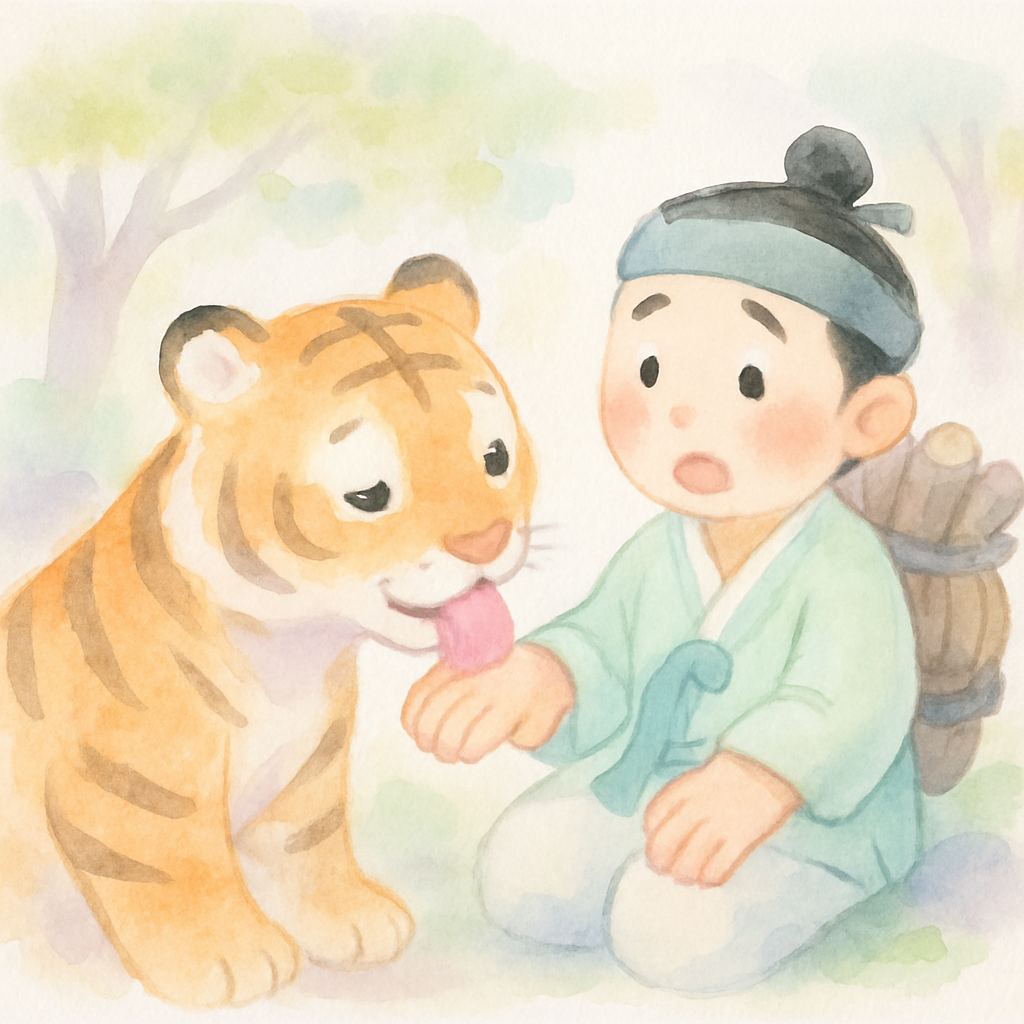 호랑이가 고마움의 표시로 나무꾼의 손을 핥아주는 장면