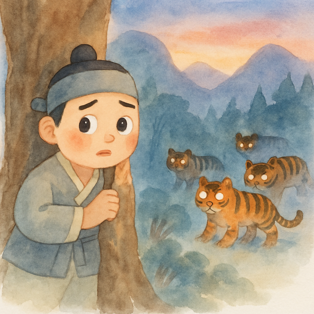 저녁에 나무꾼이 호랑이 떼를 발견하고 나무 뒤에 숨는 장면