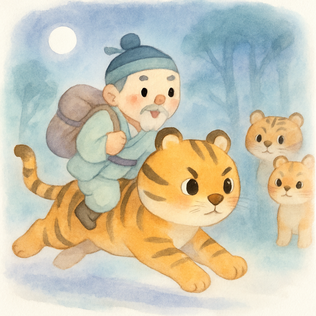 나무꾼이 은혜 갚은 호랑이 등에 타고 달리는 장면