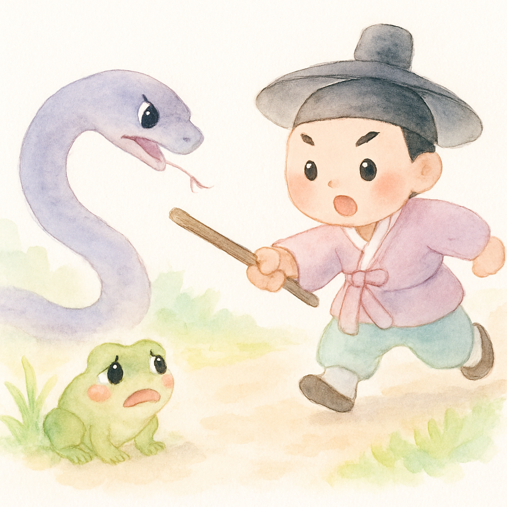 나그네가 구렁이로부터 두꺼비를 구해주는 장면