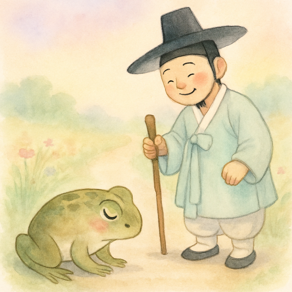 두꺼비가 나그네에게 고개를 끄덕이며 감사 인사를 하는 장면