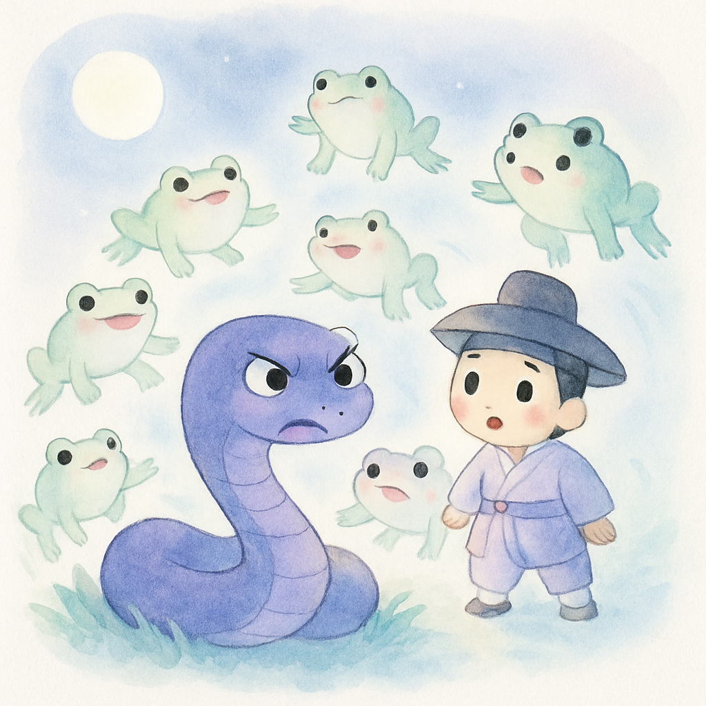 수많은 두꺼비들이 풀숲에서 나타나 구렁이를 둘러싸는 장면