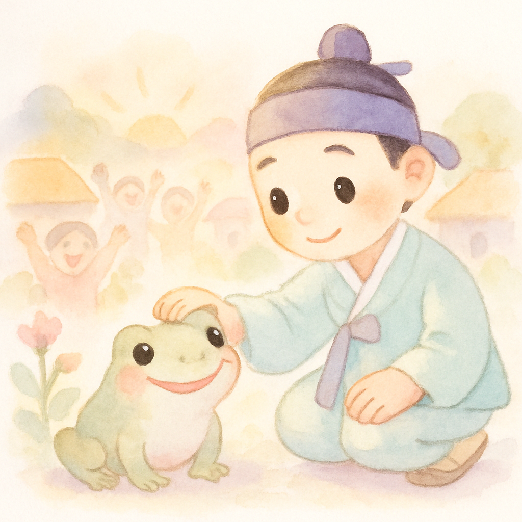 아침에 마을 사람들이 환호하고 두꺼비가 나그네에게 인사하는 장면