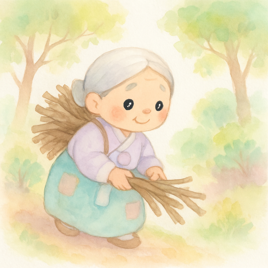 가난한 할머니가 산에서 나무를 줍고 있는 장면