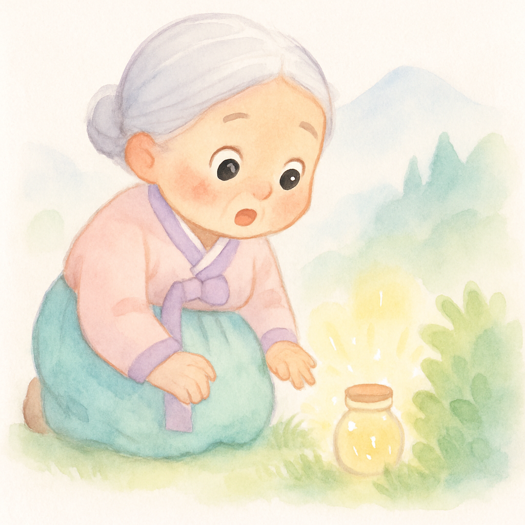 할머니가 풀숲에서 반짝이는 작은 항아리를 발견하는 장면