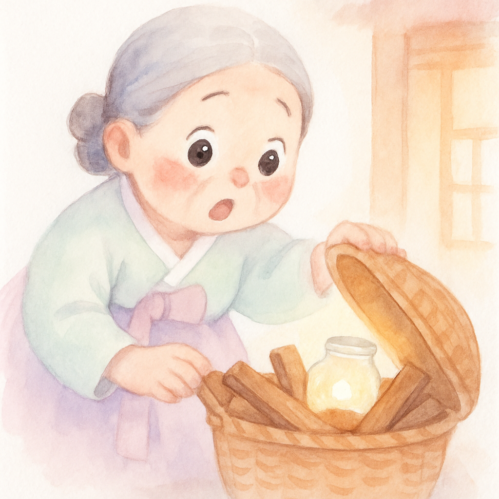 집에 온 할머니가 바구니를 열어보니 나무가 가득 차 있어서 깜짝 놀라는 장면