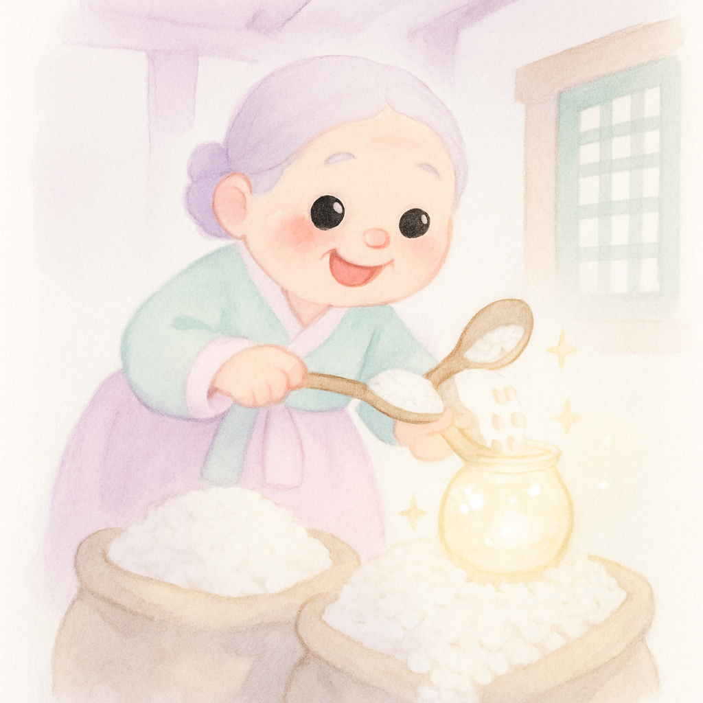 할머니가 쌀 한 숟가락을 항아리에 넣자 쌀이 자꾸 나오는 장면