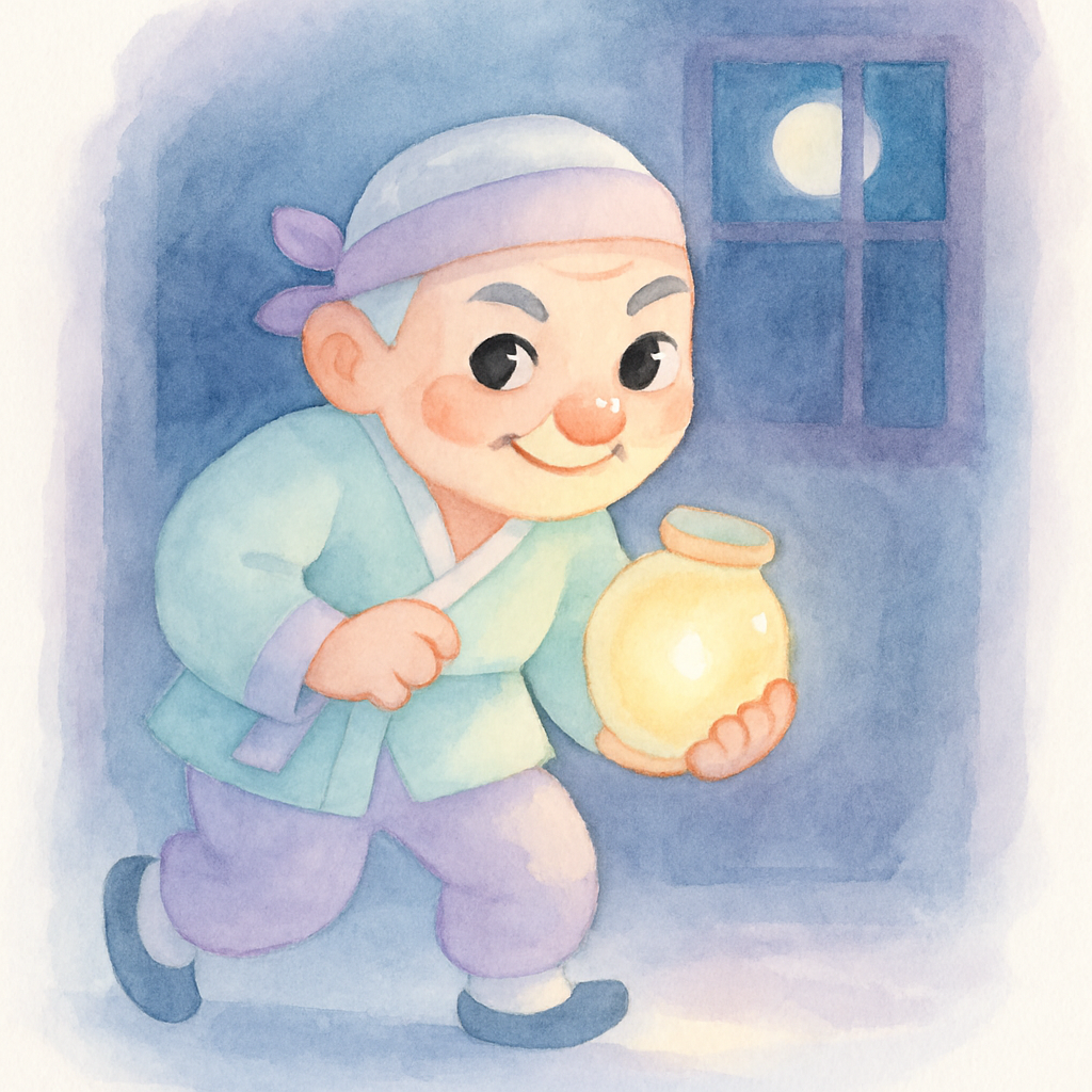 욕심쟁이 할아버지가 밤에 몰래 요술 항아리를 훔쳐가는 장면