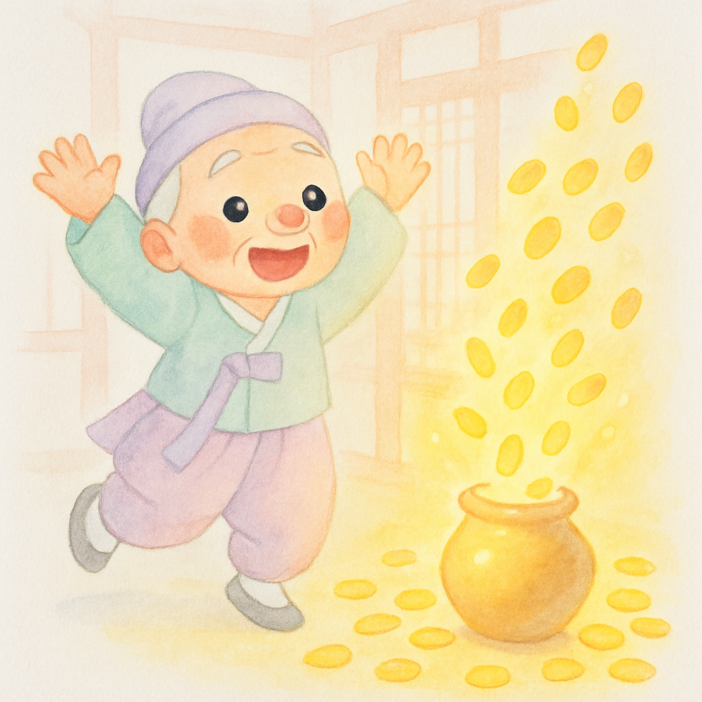 할아버지가 금 한 조각을 넣자 금이 자꾸 나와서 춤추며 좋아하는 장면