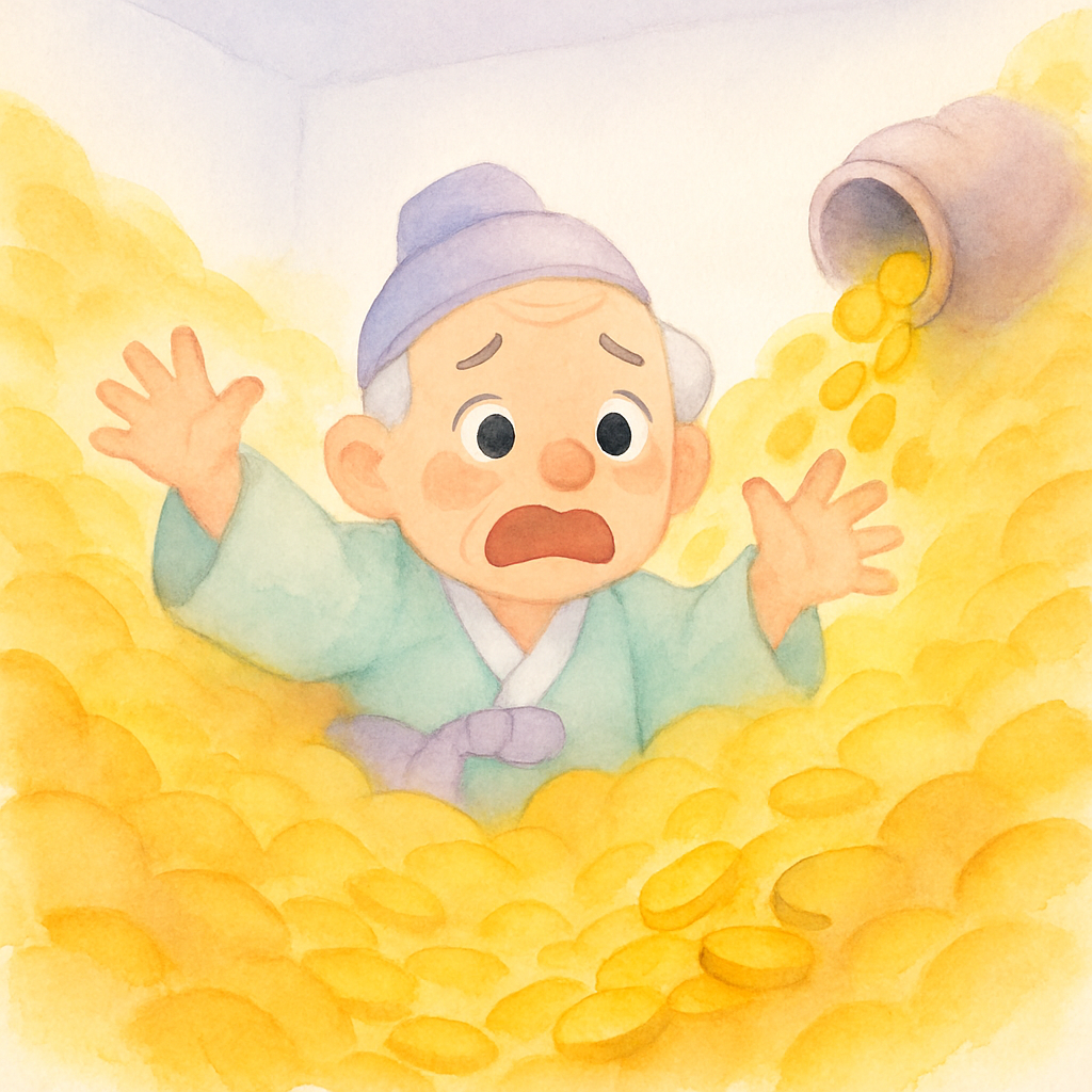 금이 멈추지 않아 할아버지가 금에 파묻혀 놀라며 도망치는 장면