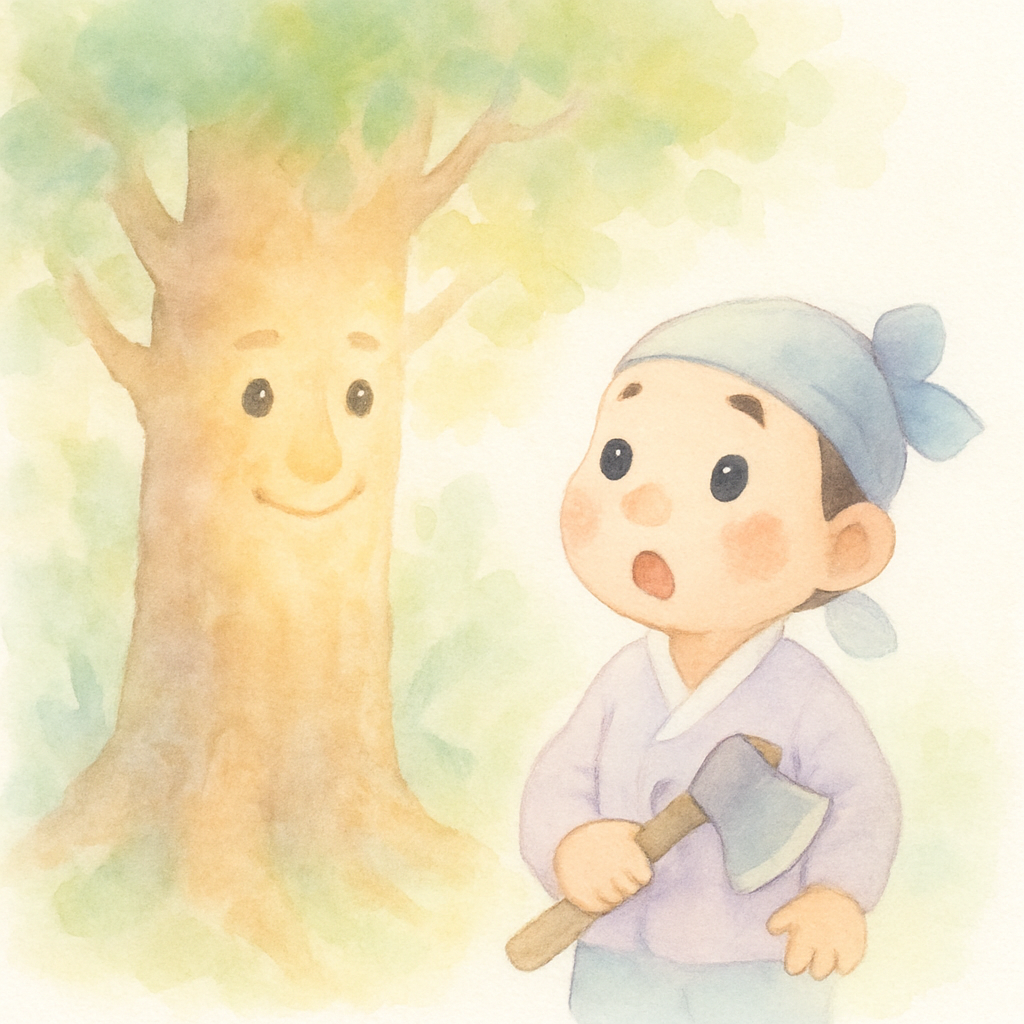 나무꾼이 말하는 커다란 나무 앞에서 놀라는 장면