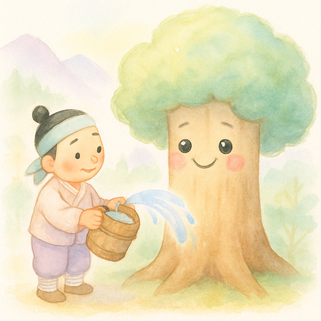 나무꾼이 나무에게 물을 주는 장면