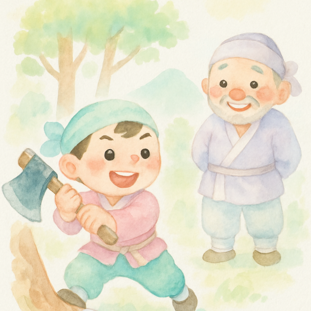 성장한 나무도령이 나무꾼 아버지를 도와 나무를 자르는 장면