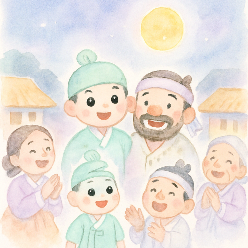 마을 사람들이 나무도령을 환호하고 나무꾼과 행복하게 사는 장면