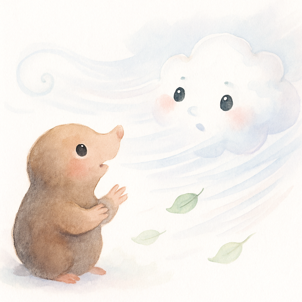 두더지 아빠가 구름과 대화하고 바람이 구름을 날리는 장면