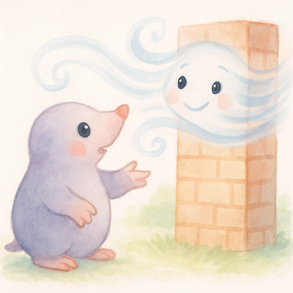 두더지 아빠가 바람과 대화하고 단단한 벽을 보는 장면