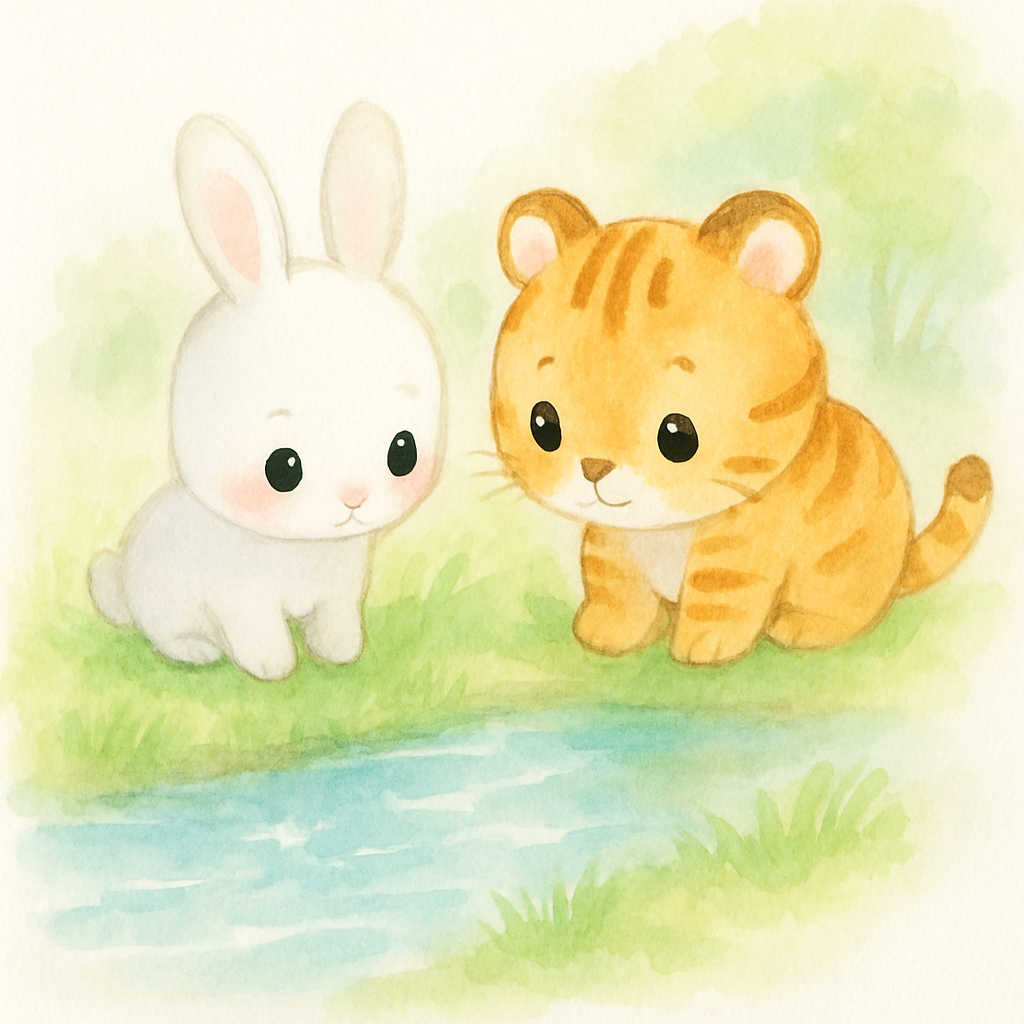 반짝이는 시냇물 앞의 토끼와 호랑이