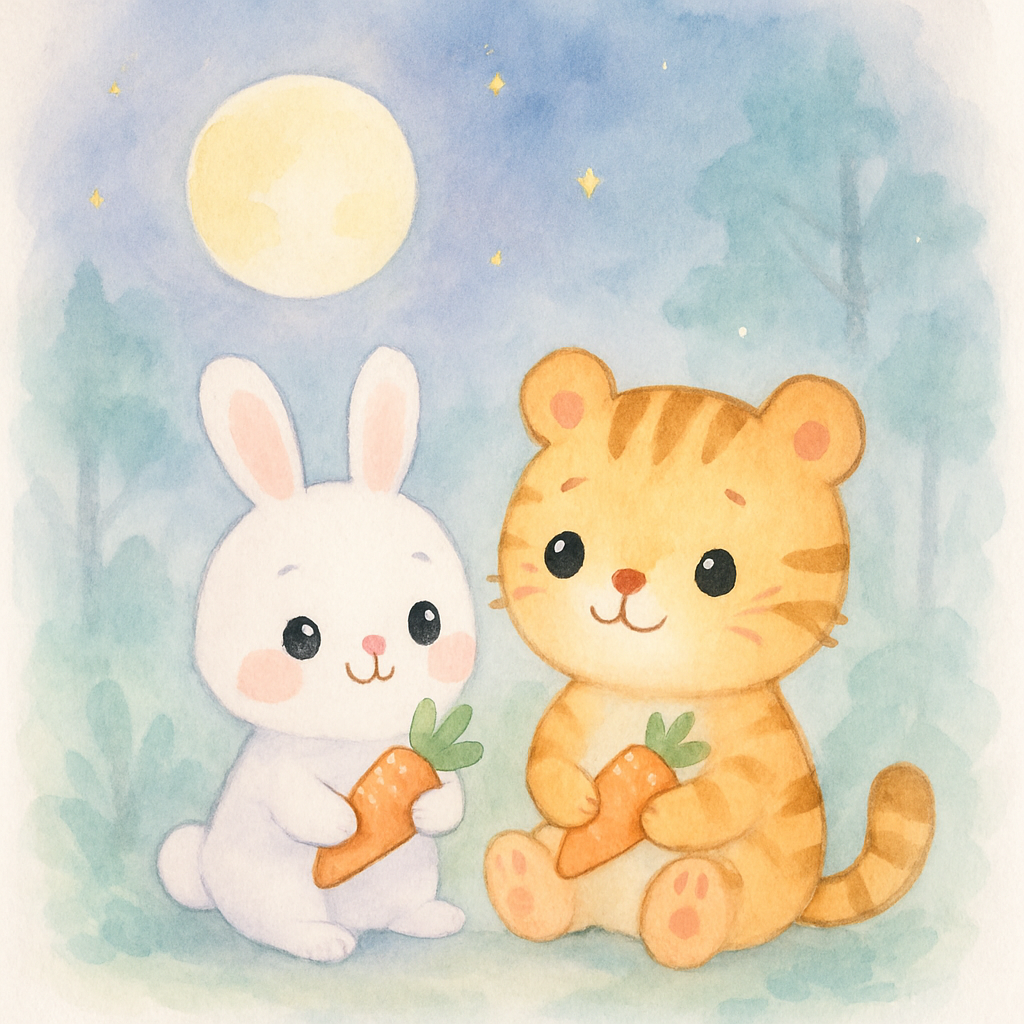 친구가 되어 당근을 나눠먹는 토끼와 호랑이, 달빛이 비추는 밤
